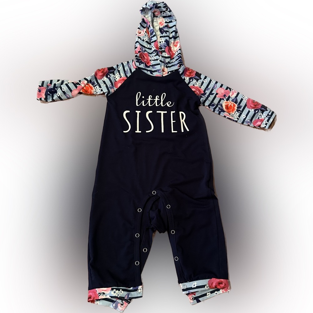 PatPat Little Sister Striped Floral Hoodie Romper Size 9-12 Months